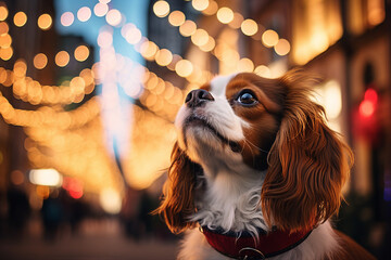 Canvas Print - Generative ai picture of funny dog in city isolated on blurred garland background