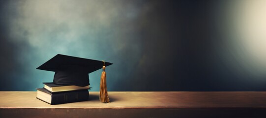 graduation cap, hat with books on wood table Empty ready for your product display or montage. Panorama