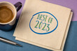 best of 2023 -  handwriting on a napkin with a cup of coffee, product or business review of the recent year