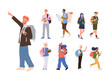 Diverse people cartoon characters with backpack, male female students, travelers, hikers, boy scout