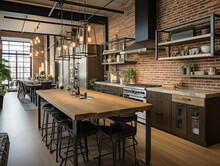 An industrial-style kitchen with exposed brick walls and metal elements.