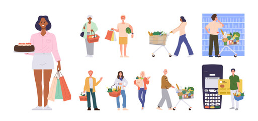 Sticker - People shopping isolated set with male and female cartoon characters doing grocery purchases