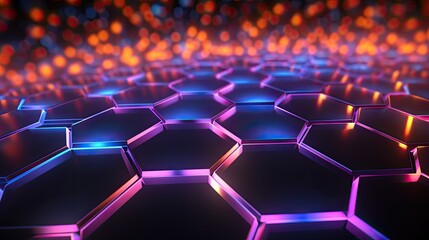Abstract futuristic background with hexagons and colorful neon lights. 