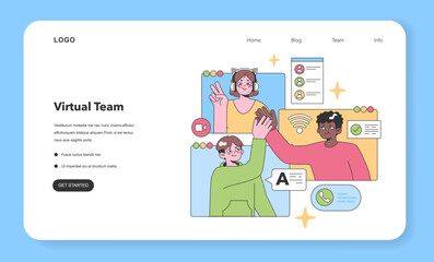 Poster - Diverse virtual team engaging through online platforms, highlighting collaboration and remote connectivity. Flat vector illustration.