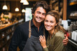 Couple, partner, and beauty girl stands in a coffee shop restaurant. concept Startup successful small business owner sme.