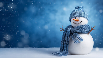 Wall Mural - Cute knitted snowman in a hat and scarf on an isolated blue background with copyspace. Header for a website.