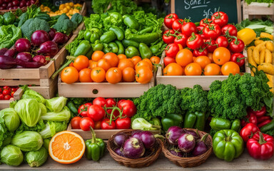 Wall Mural - Product demonstration display with copy space on wooden table on blurred street fresh market background. Selective focus. A set of various vegetables , fruits. Healthy eating with vegetarian concepts