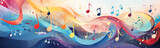 Fototapeta  - Abstract illustration of musical background with music notes and colorful wavy lines. Concept of the background and backdrop.