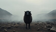 Lonely black sheep. Standing out of the crowd. Dare to be different concept. A black sheep among the herd of white sheep. Black sheep of the family concept design concept of being left out