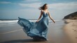 Happy beautiful woman on long blue dress on a beach background from Generative AI