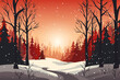 Amazing winter landscape of a red sunset in the forest, coniferous trees, path, trees without leaves. snowdrifts, wildlife in snowy weather. Beautiful Christmas or New Year vector illustration.