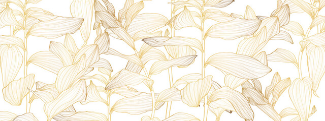 Sticker - Minimalistic Golden pattern design, greeting, invitation card template design, tropical plant, Solomon's seal (Polygonatum multiflorum), hand drawn doodle graphics on white background.
