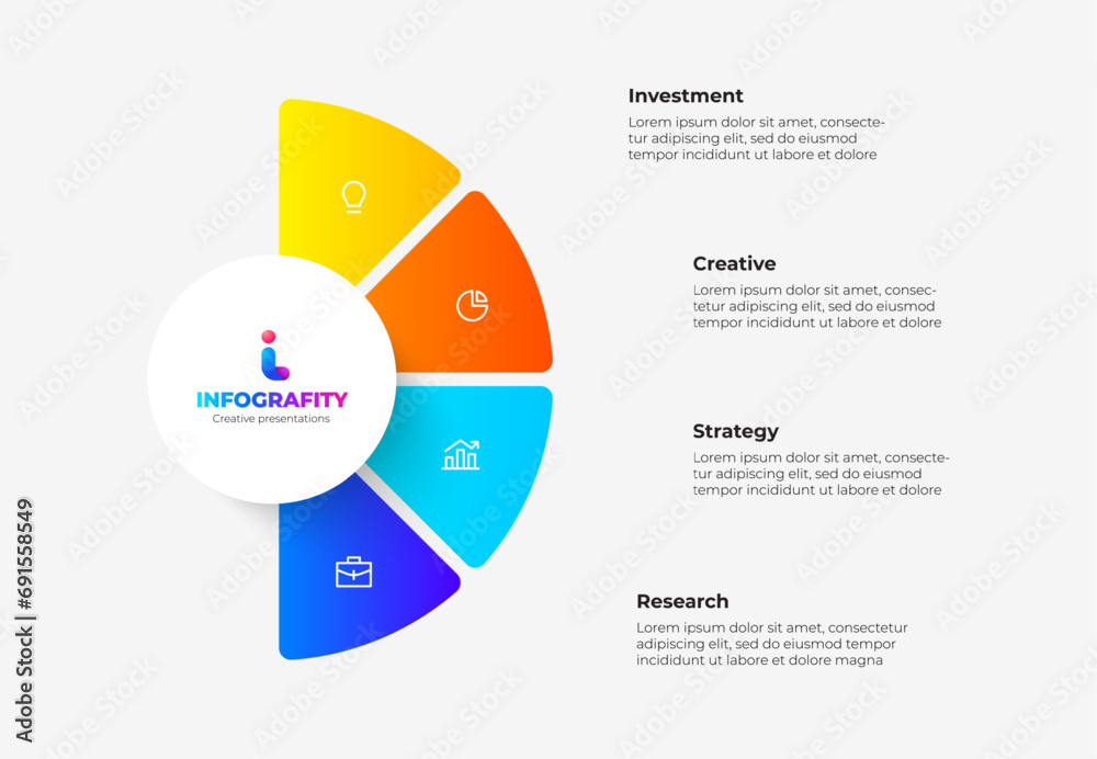 Semicircle pie chart divided into 4 parts. Concept of four features of ...