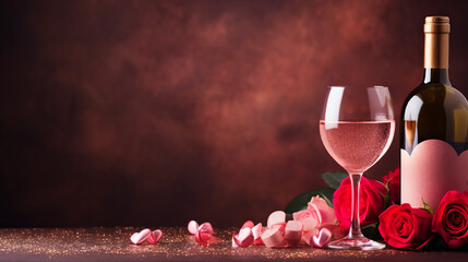 Valentine's Day background with champagne glasses, red roses and hearts. Romantic celebration of Valentine's Day. Generative AI.