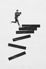Aufkleber - Composite collage picture image of man running career ladder stairs promotion employee black white billboard comics zine minimal