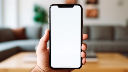Hand holding smartphone with living room background
