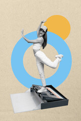 Canvas Print - Abstract creative artwork template collage of funny young female dancing retro cassette surrealism metaphor psychedelic unusual fantasy