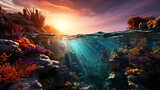 Fototapeta Do akwarium - Beautiful coral reef under the sea between with sunrise