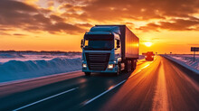 Truck Driving On  Road In Winter With Sunset Sky Background
