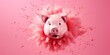 Flying exploding piggy bank on a pink background , concept of Pink pig