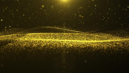 Aufkleber - Glittering gold horizontal wave particle flowing dynamic with blinking bokeh 4K motion loop background.