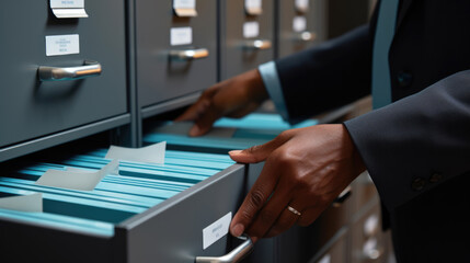 Sticker - Close-up of a person in a business suit searching through open file drawers full of documents.