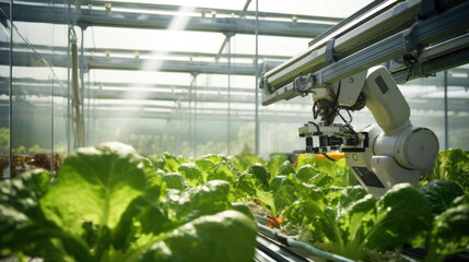 Wall Mural - Robot in a modern greenhouse, tending to rows of leafy green lettuce, representing high-tech automation in precision agriculture and sustainable farming practices.