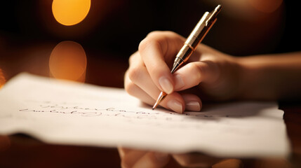 Wall Mural - Close-up of a person's hand holding a ballpoint pen and writing on a white paper with visible text.