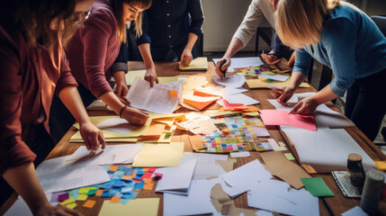 Wall Mural - Group of professionals collaborating over a table filled with various papers, post-it notes