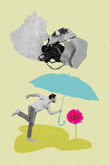 Sticker - Poster collage of eco disaster concept young guy holding parasol protect pink flower against polyethylene isolated on green background