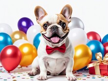 A Funny Dog Smiling At The Party With Balloons, Presents, And Confetti Isolated Over White Background. Colorful Character Animals For Birthdays, Festive Events,...	