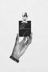 Poster - Composite collage picture image of funny female hand hold rectangle black white concept winner online bizarre unusual fantasy billboard