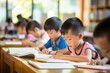 © Emvats - Dynamic Learning Environment. Children Actively Engaged in Study at Colorful School Desks