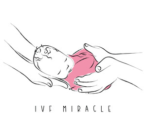 line art vector of Newborn baby lying on hands of parents. Imitation of baby in womb. manifestation of love. Health care concept, parenthood, children's Day, medicine, IVF