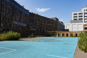 Wall Mural - Empty Park with Overgrown Plants in Brooklyn Heights surrounded by Buildings in New York City