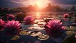 Landscape evening with sunset on a lake with lilies, with beautiful sky in summer season. AI generated image