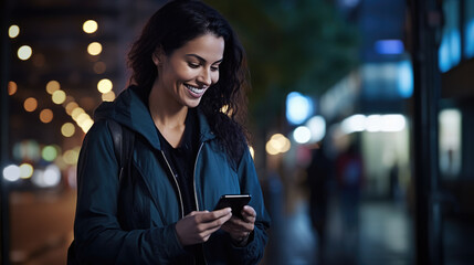 Poster - A woman uses a cell phone on a city street at night