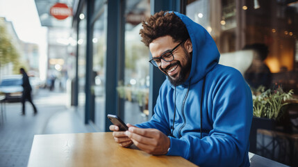 Poster - Smiling man in blue clothes is using the phone