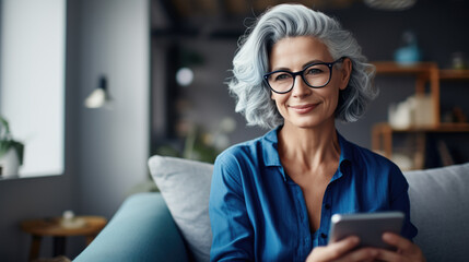 Wall Mural - Senior woman sits on the couch at home and smiles holding her smartphone in his hands