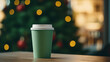 © Iuliia Pilipeichenko - Paper cup with coffee сlose up. Green coffee cup. Christmas tree with lights on the background. Holiday season. Time for coffee. Coffee to go. Take a break. Disposable paper cup. Mockup. Generated AI