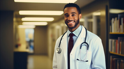 A handsome young black medical doctor wearing a shirt and a tie under a white uniform, with a stethoscope around his neck. Hospital or ambulance employee in a hallway, healthcare professional