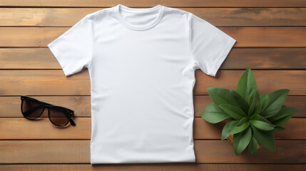 Wall Mural - White t-shirt flat lay with stylish accessories on a wooden background, perfect for a casual look.