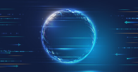 Poster - Wide Blue background with various technological elements. Abstract circle technology communication, vector illustration. Futuristic design for presentation. Hi-tech computer digital technology concept