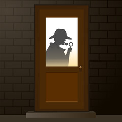 Detective silhouette flat illustration. Mysterious design features a trench-coated figure in detective office door, crime scene and investigation. Has a vintage noir vibe, with shadows.