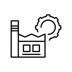 Wall Mural - factory and gear icon. mechanical manufacturer plant or factory work process with cogwheel vector symbol. industrial manufactory unit plant operation or work in progress logo. 