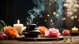 Fototapeta Kwiaty - Aromatherapy concept, aromatic incense sticks and candles, spa and wellness background,