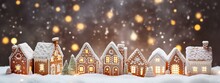 Gingerbread Houses Are On A Snowy Background With Lights Generative AI