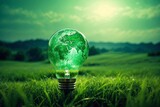 Fototapeta  - Light bulb adorned with a green world map, set against a shimmering green field backdrop. Eco-conscious future, nurturing solutions for environmental challenges. Fueled by alternative energy concepts