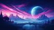 Neon Moon Mirage Sci-Fi Landscape 1980s 90s Synthwave Vaporwave Neon Colors - Pink and Blue Moon and Mountains Ultrawide Panorama Banner Background. created with Generative AI