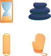 Spa inventory icons set cartoon vector. Equipment for bathhouse visiting. Sauna, therapy and relaxation concept